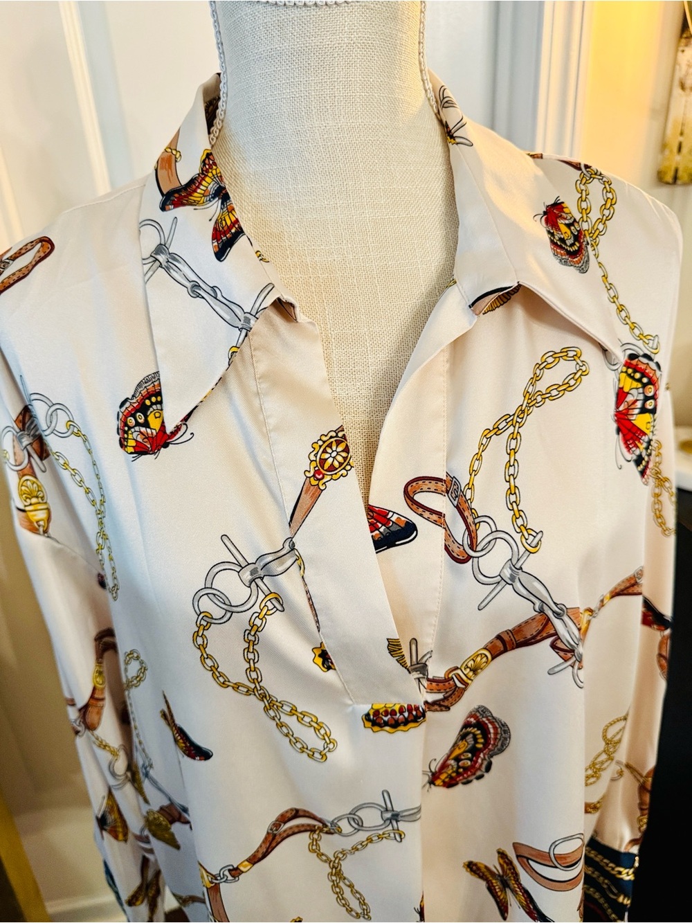 Zara Cream Button-Down Shirt with Chain, Belt & Butterfly Motif